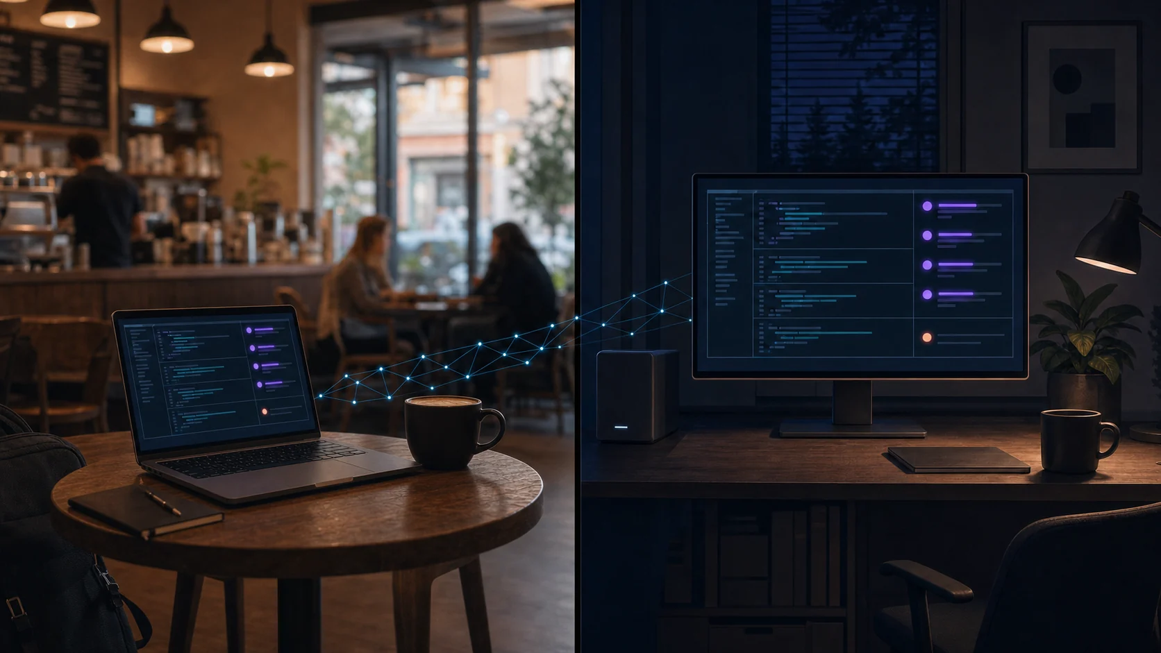A travel laptop reconnecting through a private mesh to an always-on workstation where AI coding agents continue running